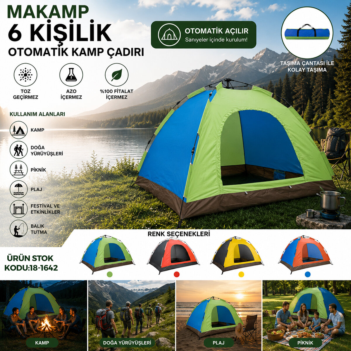 MAKAMP-084A (6 KİŞİLİK) (TOZ GEÇİRMEZ) (220CMX250CMX165CM) OTOMATİK KAMP ÇADIR*10 MAKAMP-084A (6 KİŞİLİK) (TOZ GEÇİRMEZ) (220CMX250CMX165CM) OTOMATİK KAMP ÇADIR*10