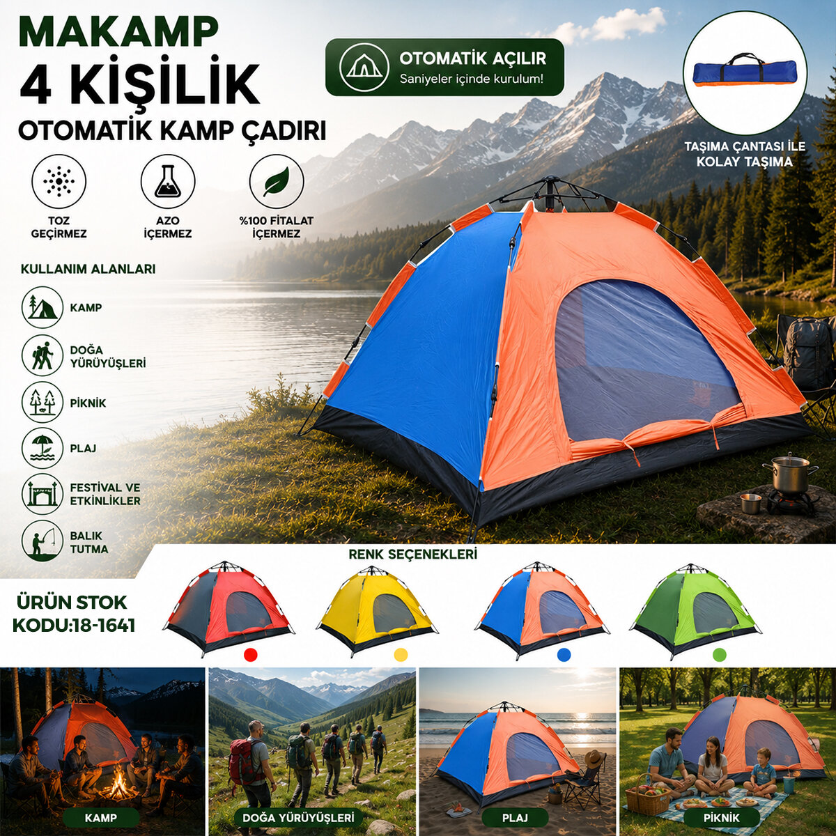 MAKAMP-084 (4KİŞİLİK) (TOZ GEÇİRMEZ) (200CMX200CMX135CM) OTOMATİK KAMP ÇADIR*10 MAKAMP-084 (4KİŞİLİK) (TOZ GEÇİRMEZ) (200CMX200CMX135CM) OTOMATİK KAMP ÇADIR*10