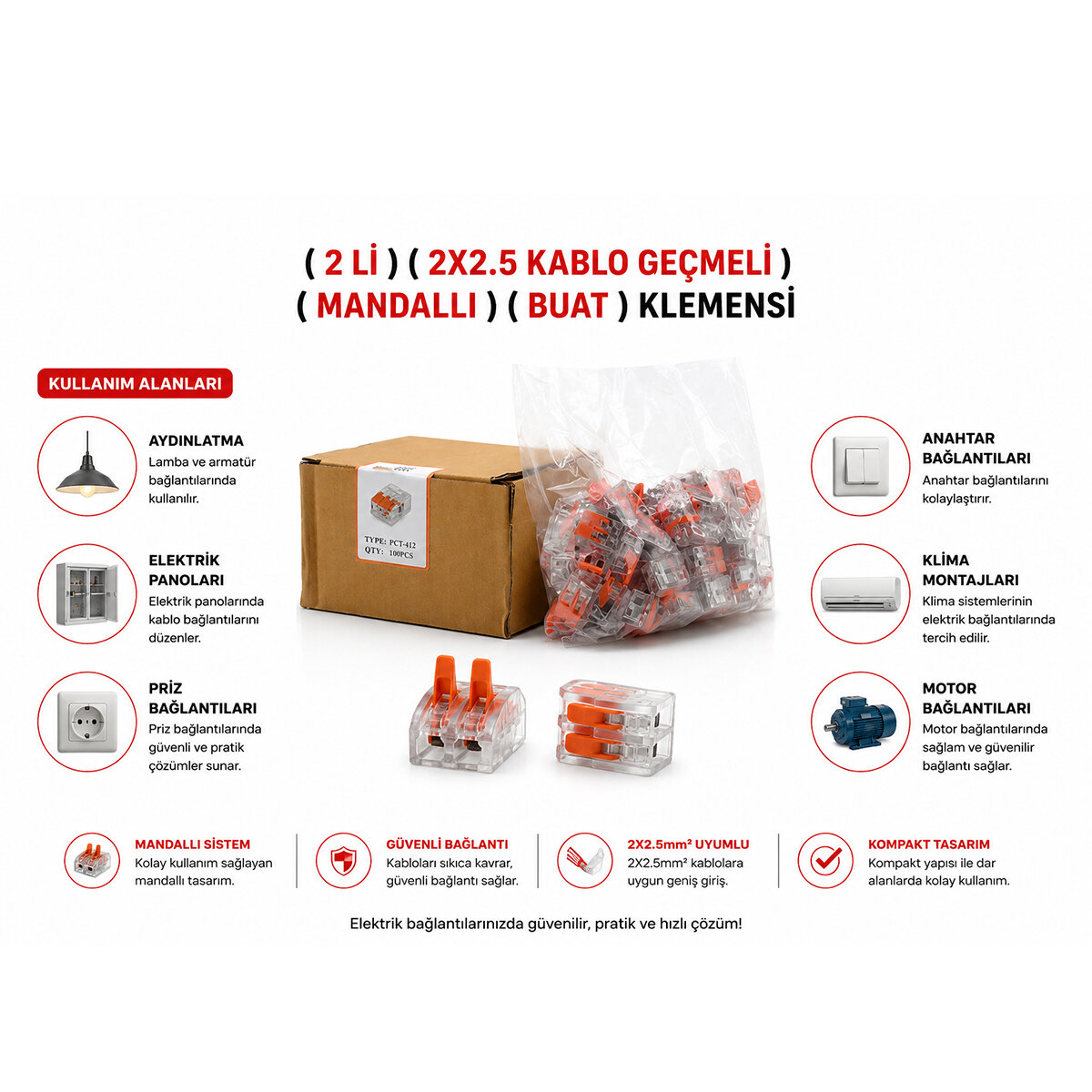 CERTİFİCATE PCT-412 ( 2 Lİ ) ( 2X2.5 KABLO GEÇMELİ ) ( MANDALLI ) ( BUAT ) KLEMENSİ*100X10