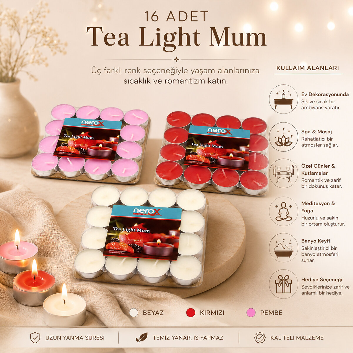 NEROX NRX-38R ( 16PCS ) ( RENKLİ ) ( YUVARLAK ) TEA LİGHT MUM*96