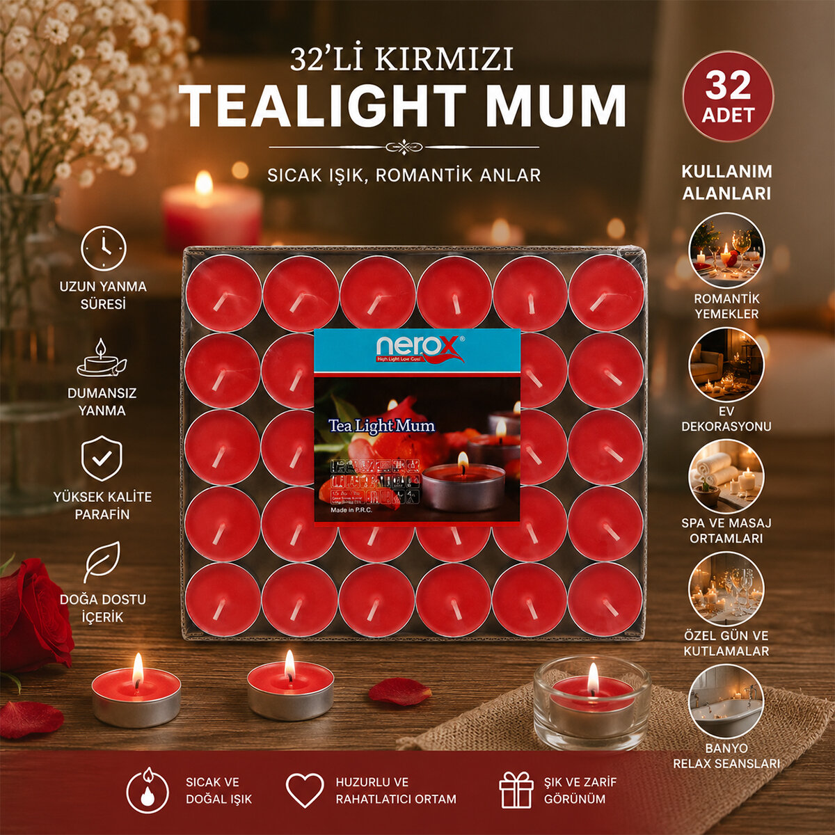 NEROX NRX-39K ( 32PCS ) TEA LİGHT YUVARLAK MUM MİX*48