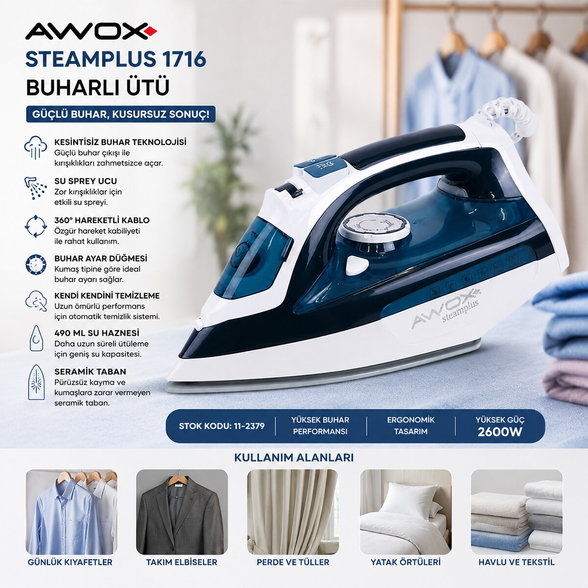 AWOX STEAMPLUS-1716 ( KOYU MAVİ & BEYAZ ) BUHARLI ÜTÜ ( SERAMİK TABAN & 360° HAREKETLİ KABLO & BUHAR AYARLAMA) (2100W)*6