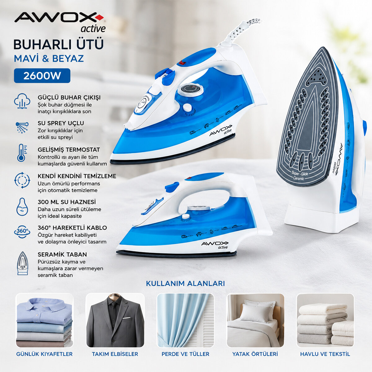 AWOX ACTİVE ( MAVİ & BEYAZ ) BUHARLI ÜTÜ ( SERAMİK TABAN & 360° HAREKETLİ KABLO & BUHAR AYARLAMA) (2600W)*6