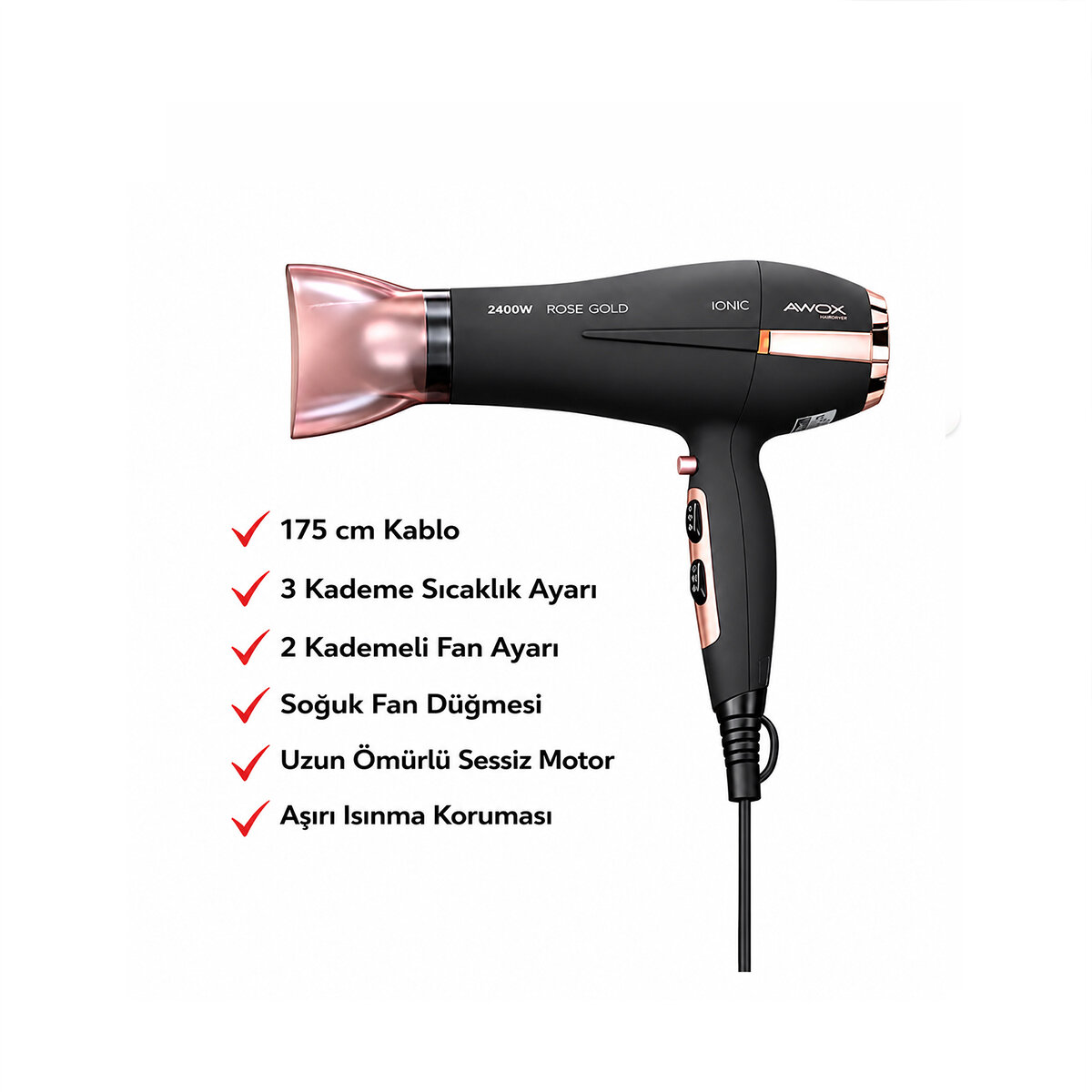 AWOX WATSON ( SİYAH ) SAÇ KURUTMA & FÖN MAKİNESİ ( SOĞUK ÜFLEME ) ( 2 KADEME FAN & 3 KADEME SICAKLIK ) ( 2400W )*12