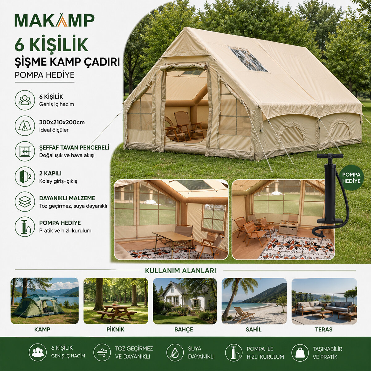 MAKAMP-077 (6 KİŞİLİK) (POMPA HEDİYE) (TOZ GEÇİRMEZ) (300CMX210CMX200CM) ŞİŞME ÇADIR*1 MAKAMP-077 (6 KİŞİLİK) (POMPA HEDİYE) (TOZ GEÇİRMEZ) (300CMX210CMX200CM) ŞİŞME ÇADIR*1