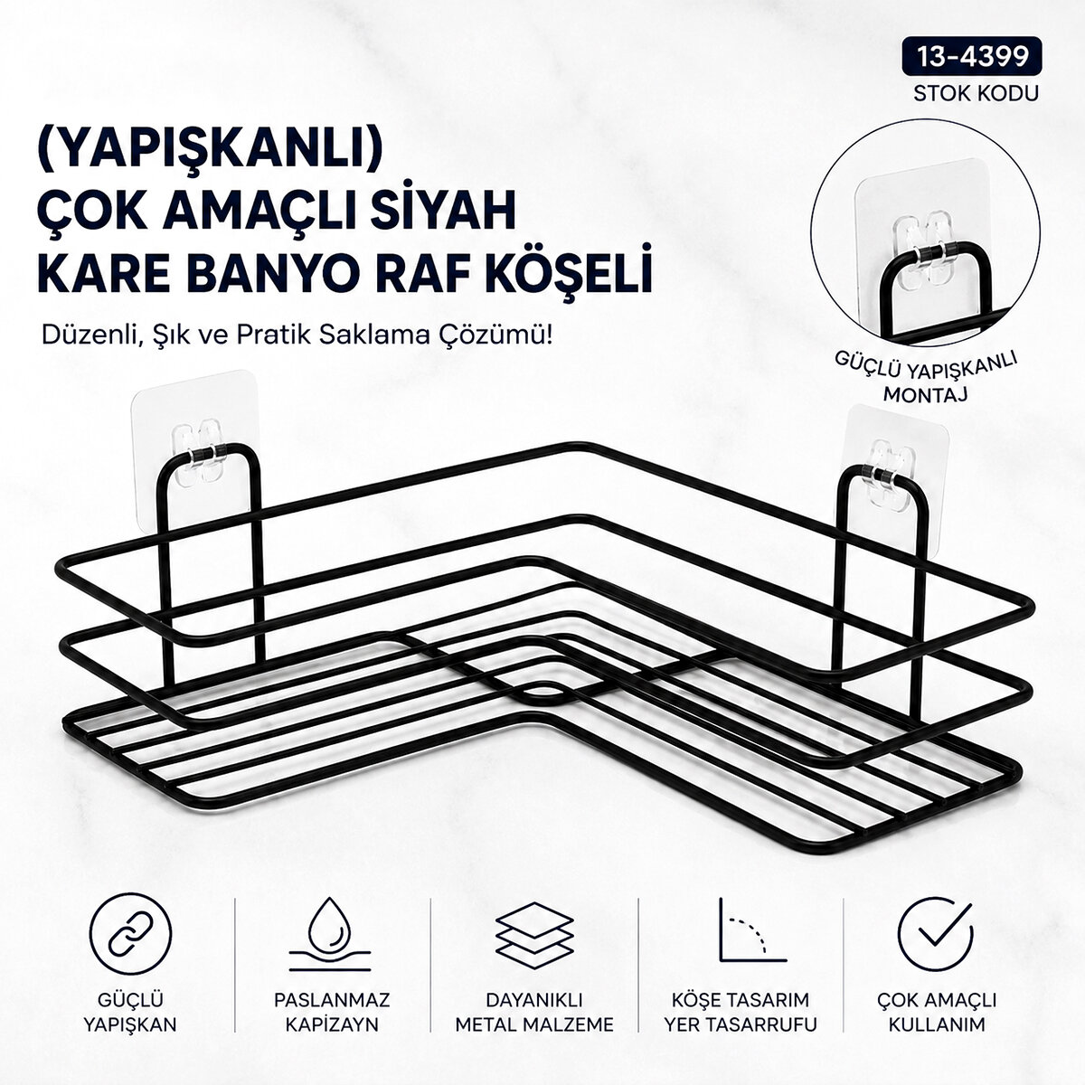 PARMEVA PMS-612 ( YAPIŞKANLI ) ÇOK AMAÇLI SİYAH KARE BANYO RAF KÖŞELİ*20