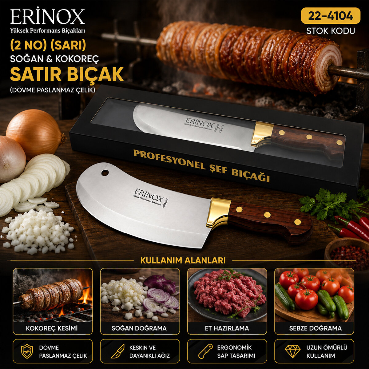 ERİNOX PS-0110 ( 2 NO ) ( SARI ) ( SOĞAN & KOKOREÇ ) ( ZIRH ) SATIR BIÇAK ( DÖVME PASLANMAZ ÇELİK )*100 ERİNOX PS-0110 ( 2 NO ) ( SARI ) ( SOĞAN & KOKOREÇ ) ( ZIRH ) SATIR BIÇAK ( DÖVME PASLANMAZ ÇELİK )*100