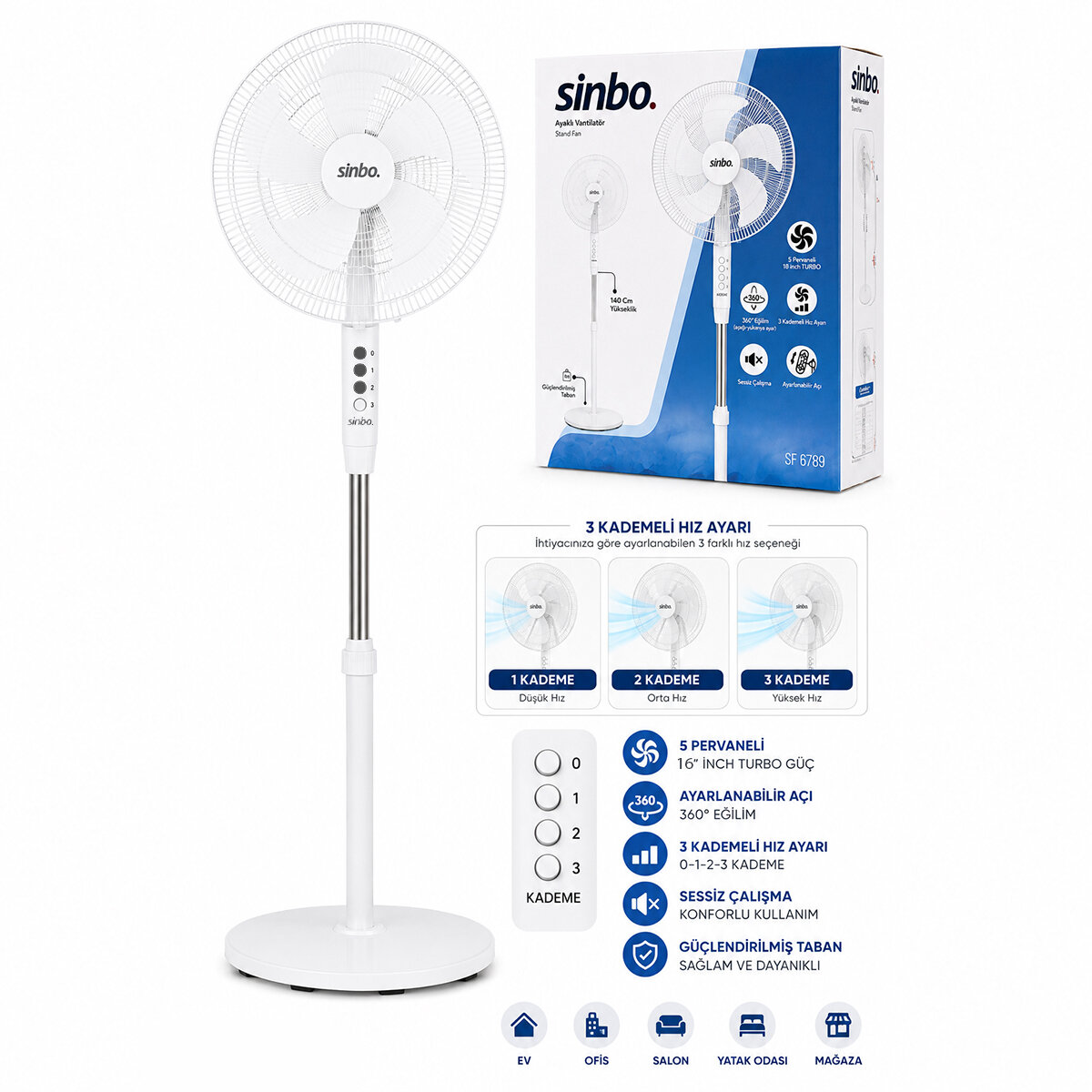 SİNBO SF-6789 ( BEYAZ ) ( 5 PERVANE & 16'' ) ( EV & OFİS ) ( KOMPAKT & SESSİZ & ÜÇ KADEME) ( 140CM YÜKSEKLİK ) AYAKLI VANTİLATÖR*1