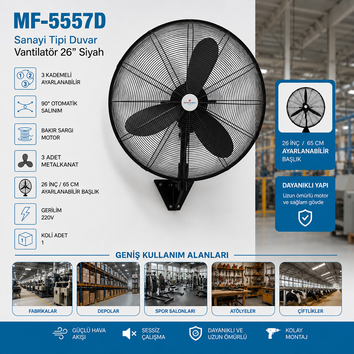 MF-5557D ( 26") (SANAYİ TİPİ ) ( 67CM ) ( 3 METAL PERVANE ) ( 3 KADEMELİ & 220V ) DUVAR VANTİLATÖR & FAN*2=K