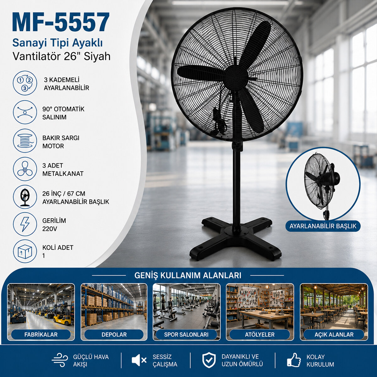 MF-5557 ( AYAKLI ) ( 26") (SANAYİ TİPİ ) ( 65CM ) ( 3 METAL PERVANE ) ( 3 KADEMELİ & 220V ) DUVAR VANTİLATÖR & FAN*2=K