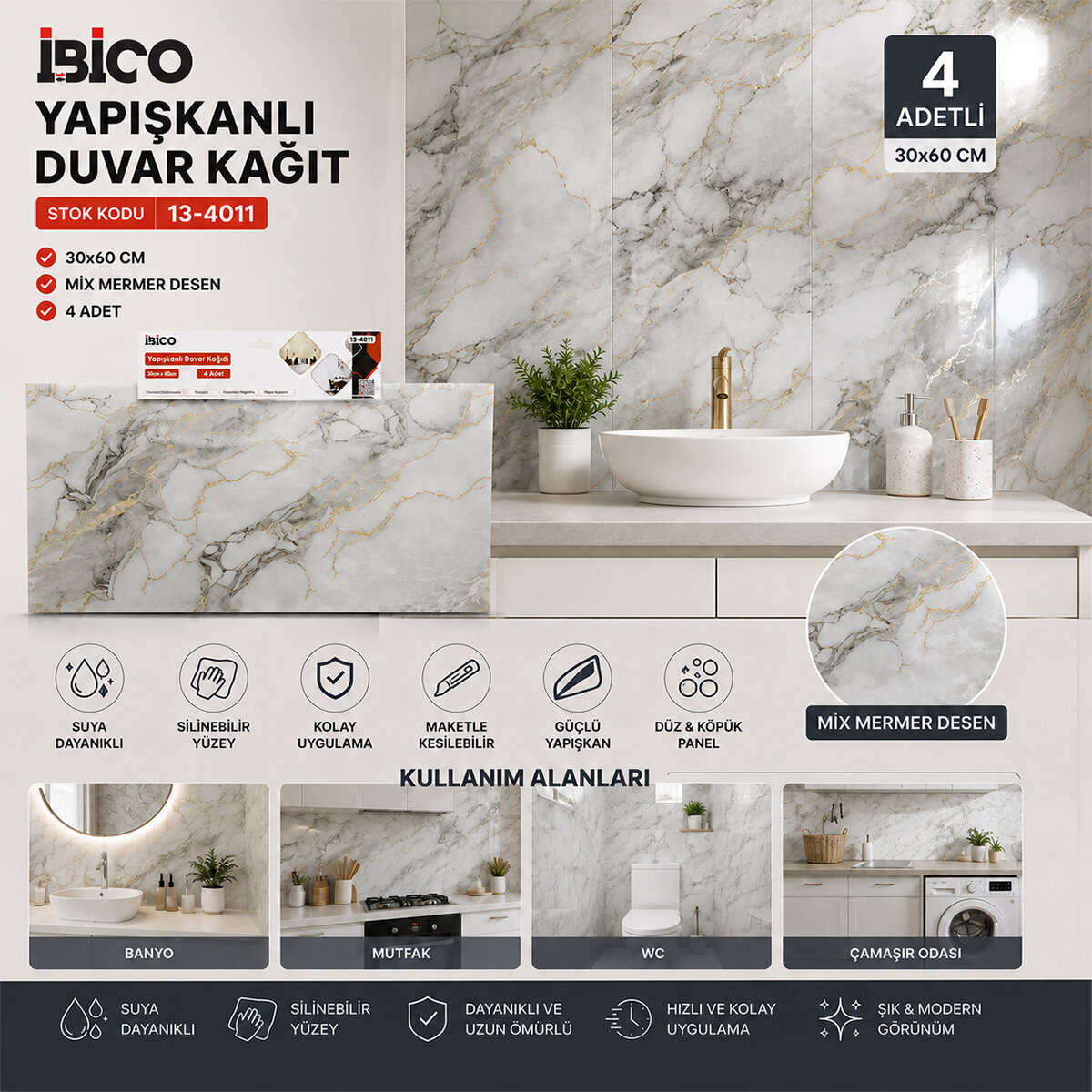 İBİCO İ13-085 ( 4PCS ) ( 30X60CM ) ( DÜZ & PANEL ) ( MİX MERMER DESEN ) YAPIŞKANLI DUVAR KAĞIT*60=K