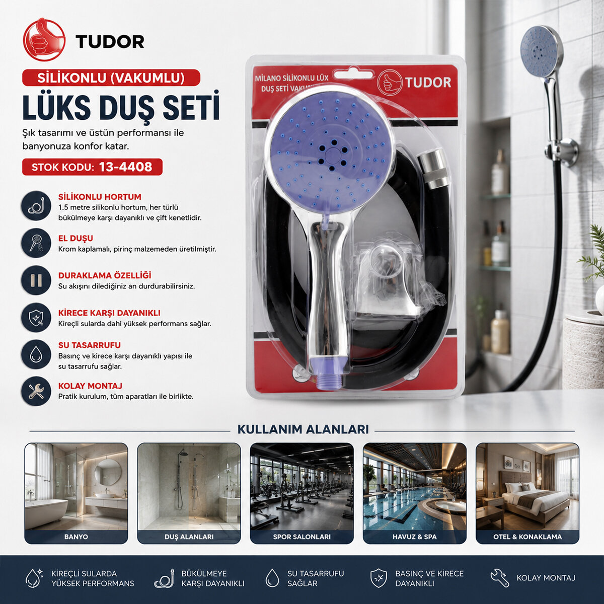 TUDOR TDR-253 MİLANO ( VAKUMLU & SİLİKON ) LÜKS DUŞ SETİ (DUŞ BAŞLIK=MİX) (SİLİKON HORTUM=1.5MT) (MAFSAL=3 KADEME)*50