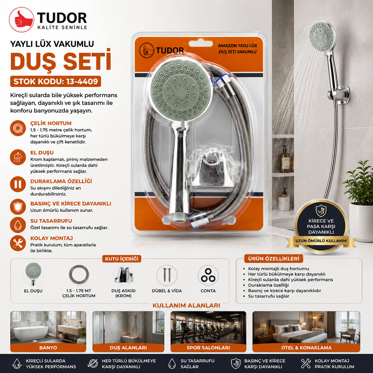 TUDOR TDR-254 ( VAKUMLU & KROM ) LÜKS DUŞ SETİ ( METAL YAYLI HORTUM=150CM ) (MAFSAL )*50 TUDOR TDR-254 ( VAKUMLU & KROM ) LÜKS DUŞ SETİ ( METAL YAYLI HORTUM=150CM ) (MAFSAL )*50