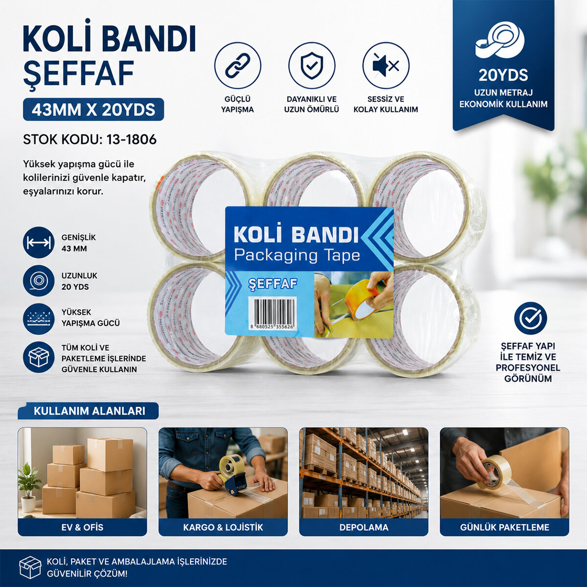 HASBROS PACKAGİNG TAPE ( 43MM X 20YDS ) ( ŞEFFAF ) KOLİ BANTI ( BRKT-555526 )*12X12
