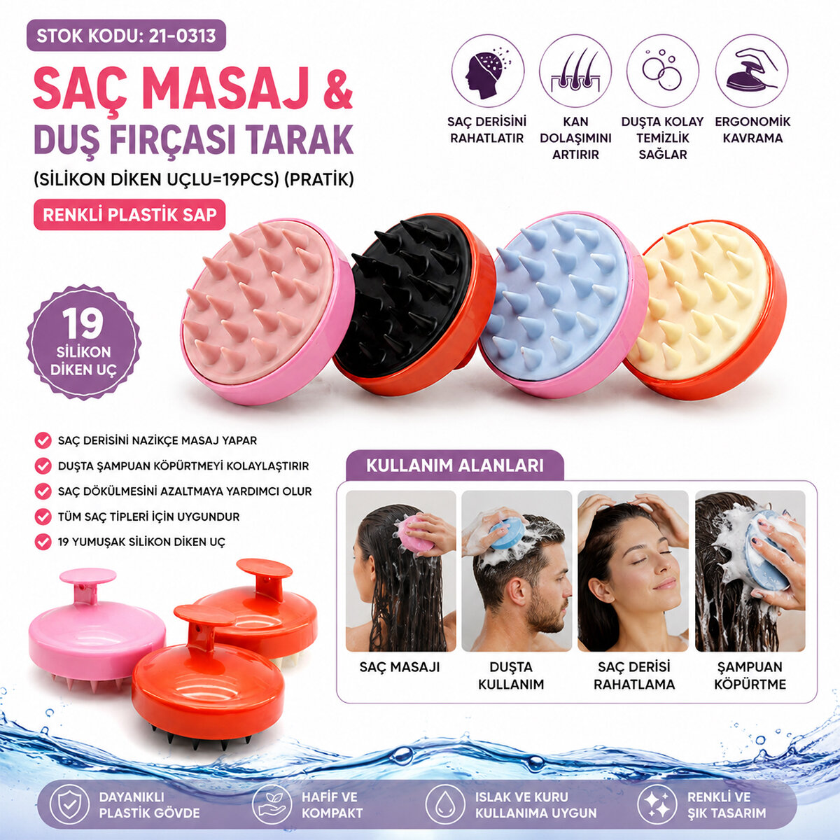 SOLİNGEN İK-585 ( SİLİKON DİKEN UÇLU=19PCS ) ( PRATİK ) SAÇ MASAJ & DUŞ FIRÇASI TARAK ( RENKLİ PLASTİK SAP )*12X20