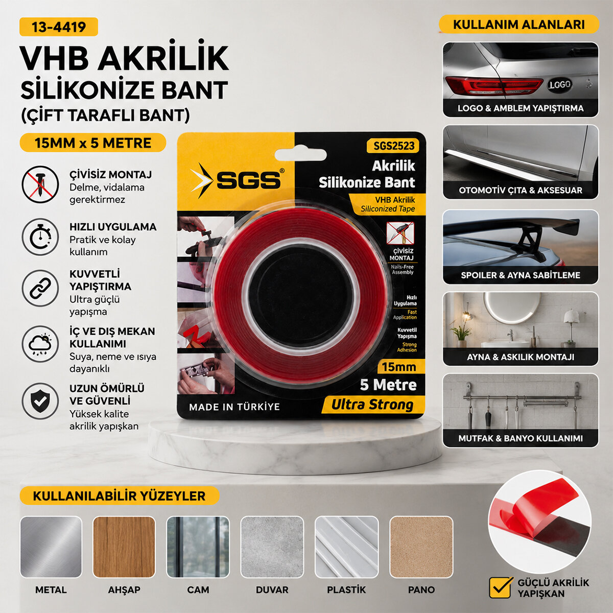SGS-2523 ( 15MMX5YRD ) VHB AKRİLİK SİLİKONİZE BANT (ÇİFT TARAFLI BANT)*40 SGS-2523 ( 15MMX5YRD ) VHB AKRİLİK SİLİKONİZE BANT (ÇİFT TARAFLI BANT)*40