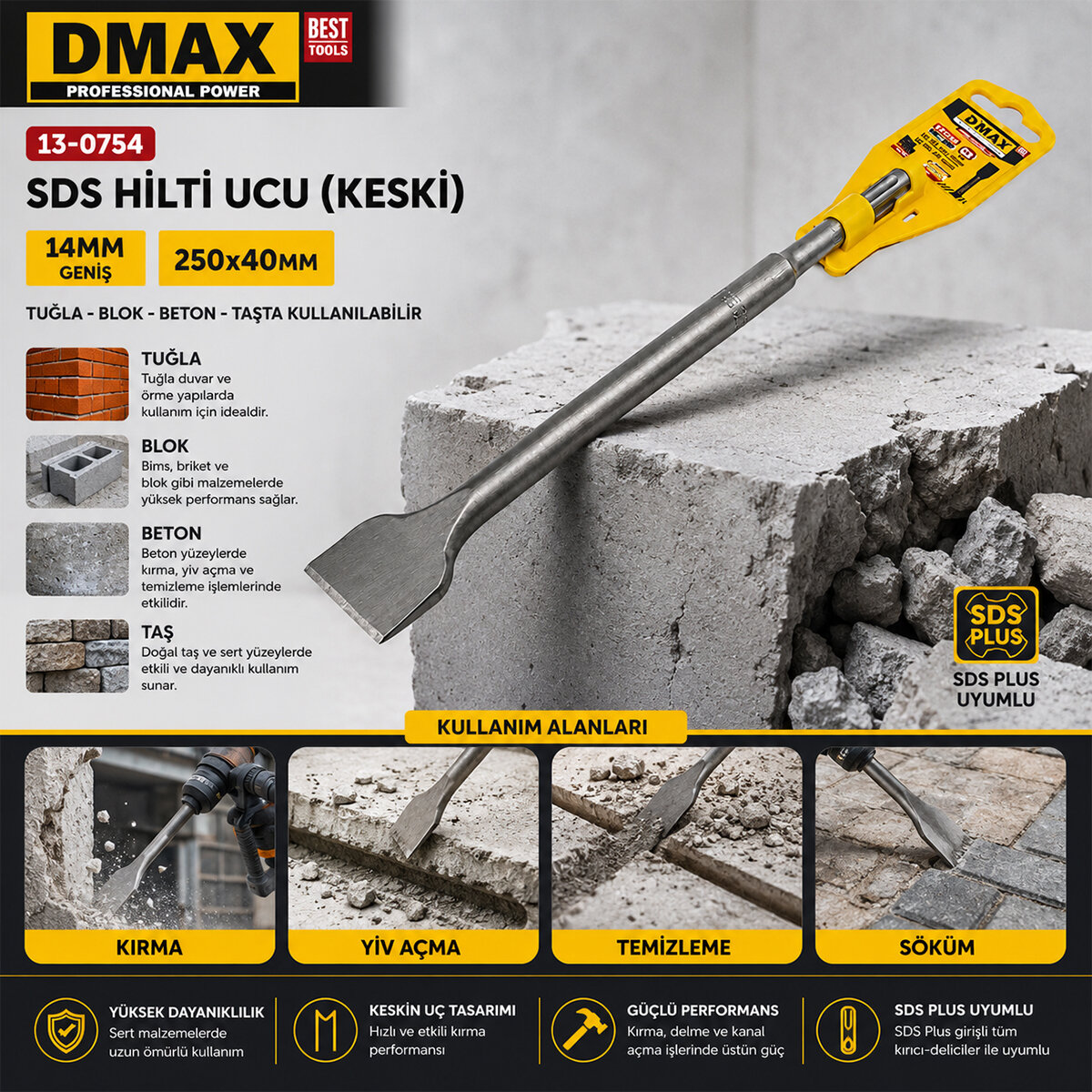 DMAX DMX-4492 ( 14MM ) ( GENİŞ ) ( KESKİ ) SDS HİLTİ UCU ( 250X40MM )*80 DMAX DMX-4492 ( 14MM ) ( GENİŞ ) ( KESKİ ) SDS HİLTİ UCU ( 250X40MM )*80