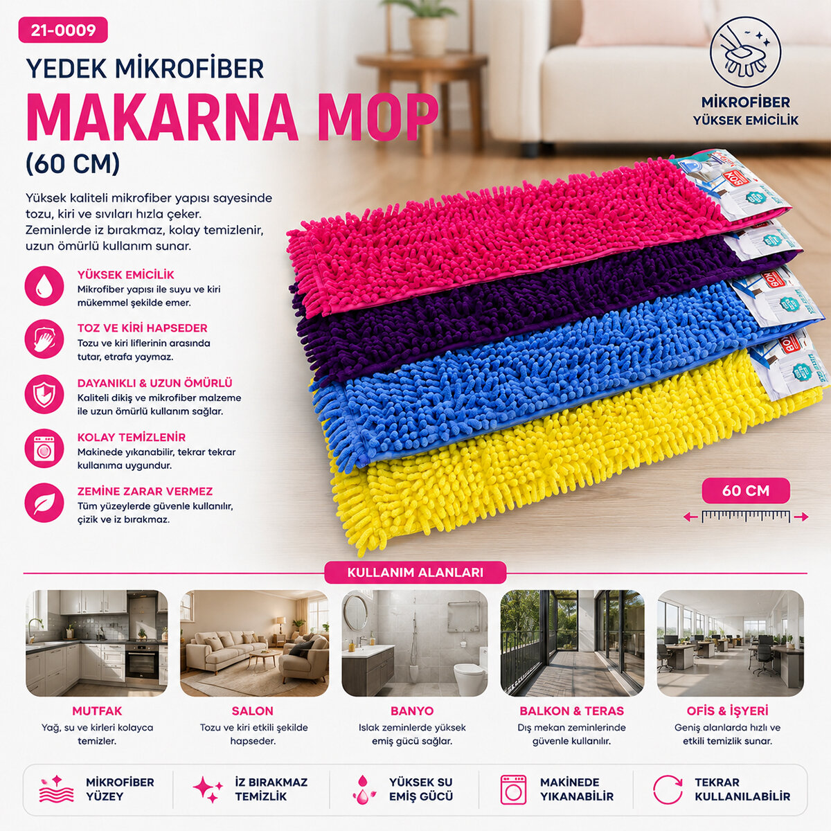 ENTEX ( 60CM ) ( YEDEK ) ( MAKARNA ) MOP ( MİKROFİBER RENKLİ )*12X15