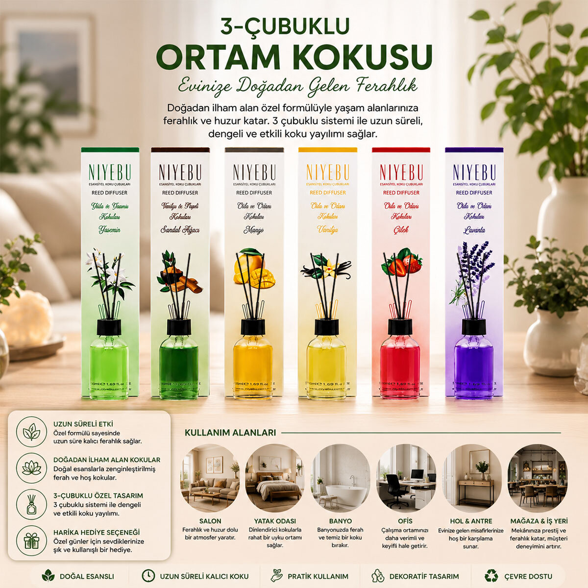 NİYEBU ( 50ML ) ( 3-ÇUBUKLU ) ORTAM KOKUSU ( CAM ŞİŞE ) ( MİX KOKU)*24X1