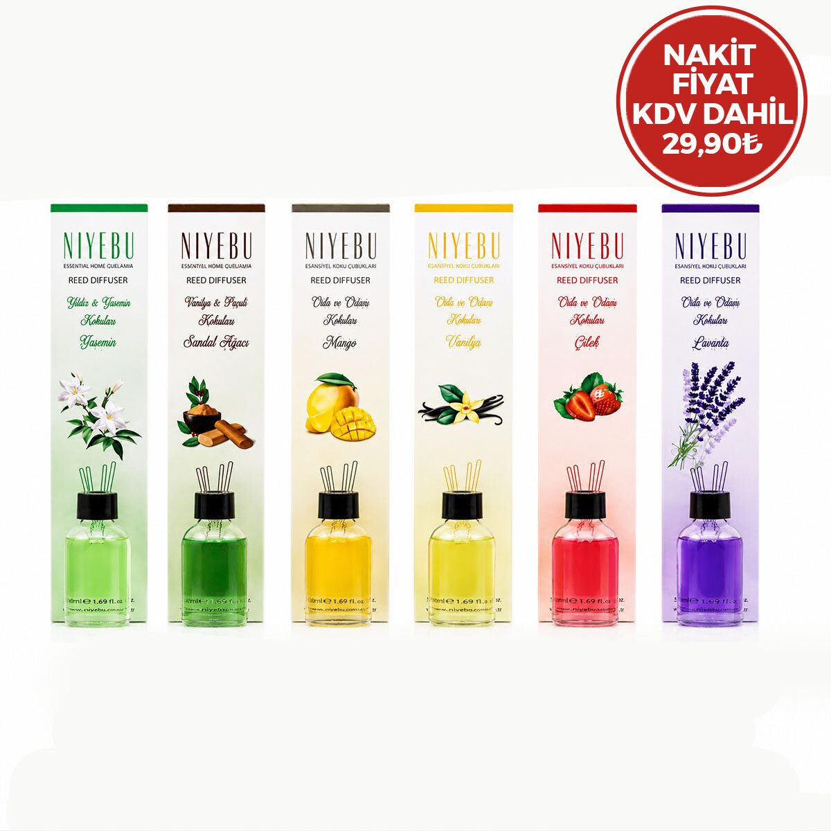 NİYEBU ( 50ML ) ( 3-ÇUBUKLU ) ORTAM KOKUSU ( CAM ŞİŞE ) ( MİX KOKU)*24X1