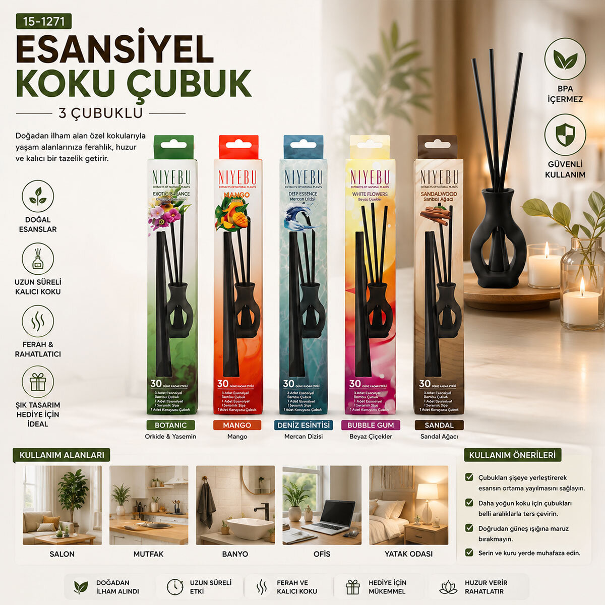 NİYEBU ( 3PCS ) ESANSİYEL KOKU ÇUBUK ( BOTANİC - SANDAL - DENİZ ESİNTİ - MANGO - BUBLE GUM )*60X1 NİYEBU ( 3PCS ) ESANSİYEL KOKU ÇUBUK ( BOTANİC - SANDAL - DENİZ ESİNTİ - MANGO - BUBLE GUM )*60X1