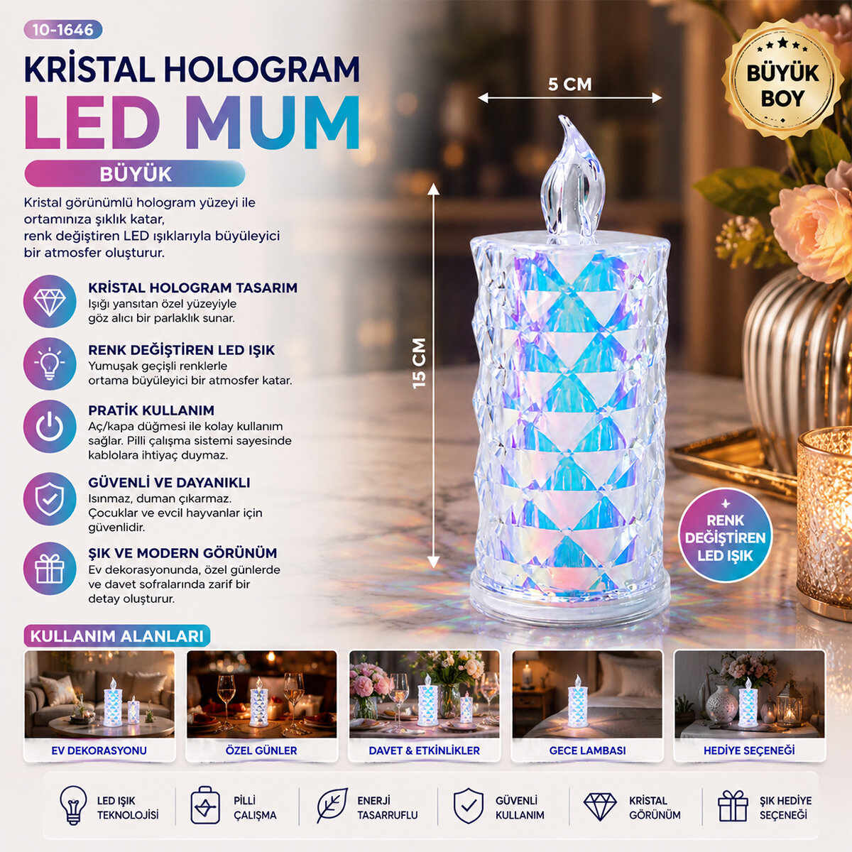 LED CANDLE KAMP YAKUT-13637 ( BÜYÜK BOY= ÇAP:5CM & Y: 16CM ) ( PİLLİ ) LED MUM ( MİKA KRİSTAL PLASTİK )*12X20