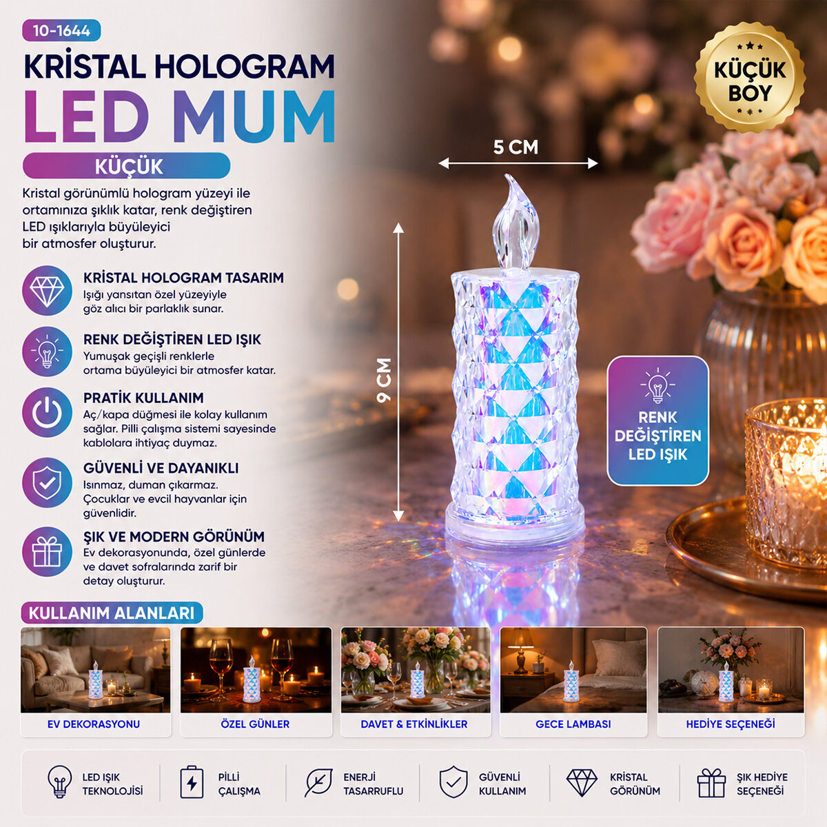 LED CANDLE KAMP YAKUT-13635 ( KÜÇÜK BOY= ÇAP:5CM & Y: 9CM ) ( PİLLİ ) LED MUM ( MİKA KRİSTAL PLASTİK )*12X40