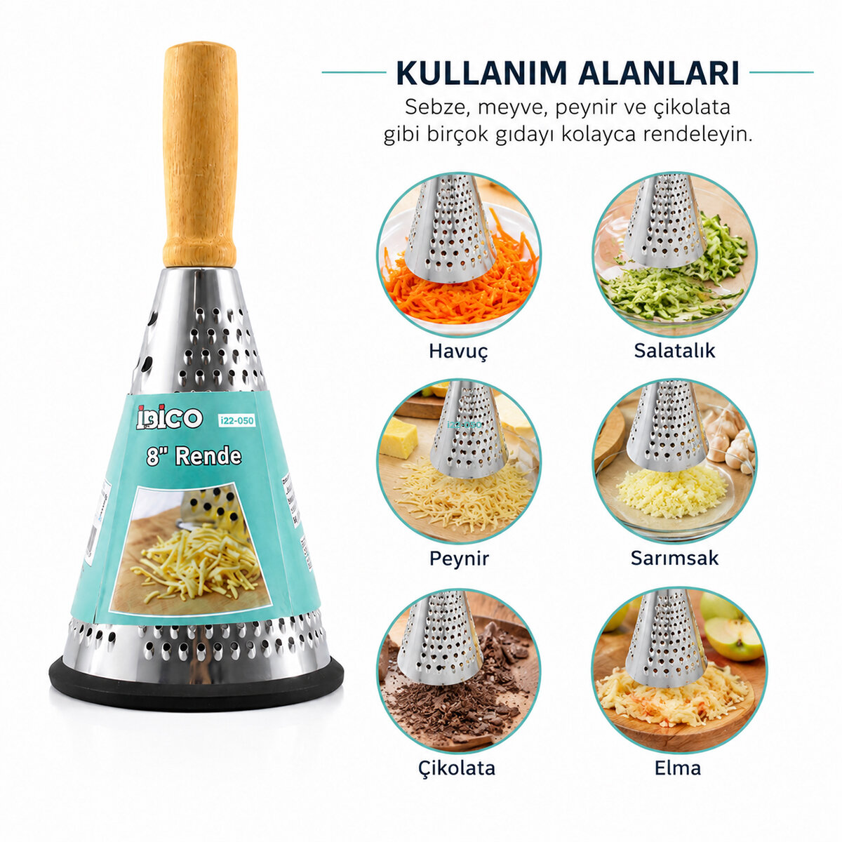 İBİCO İ22-050 ( 8" ) ( HUNİ MODEL & 3-BÖLÜM ) ( AHŞAP & BAMBU SAPLI ) ( ÇELİK METAL ) RENDE ( SİLİKON KAPLAMA TABAN )*72