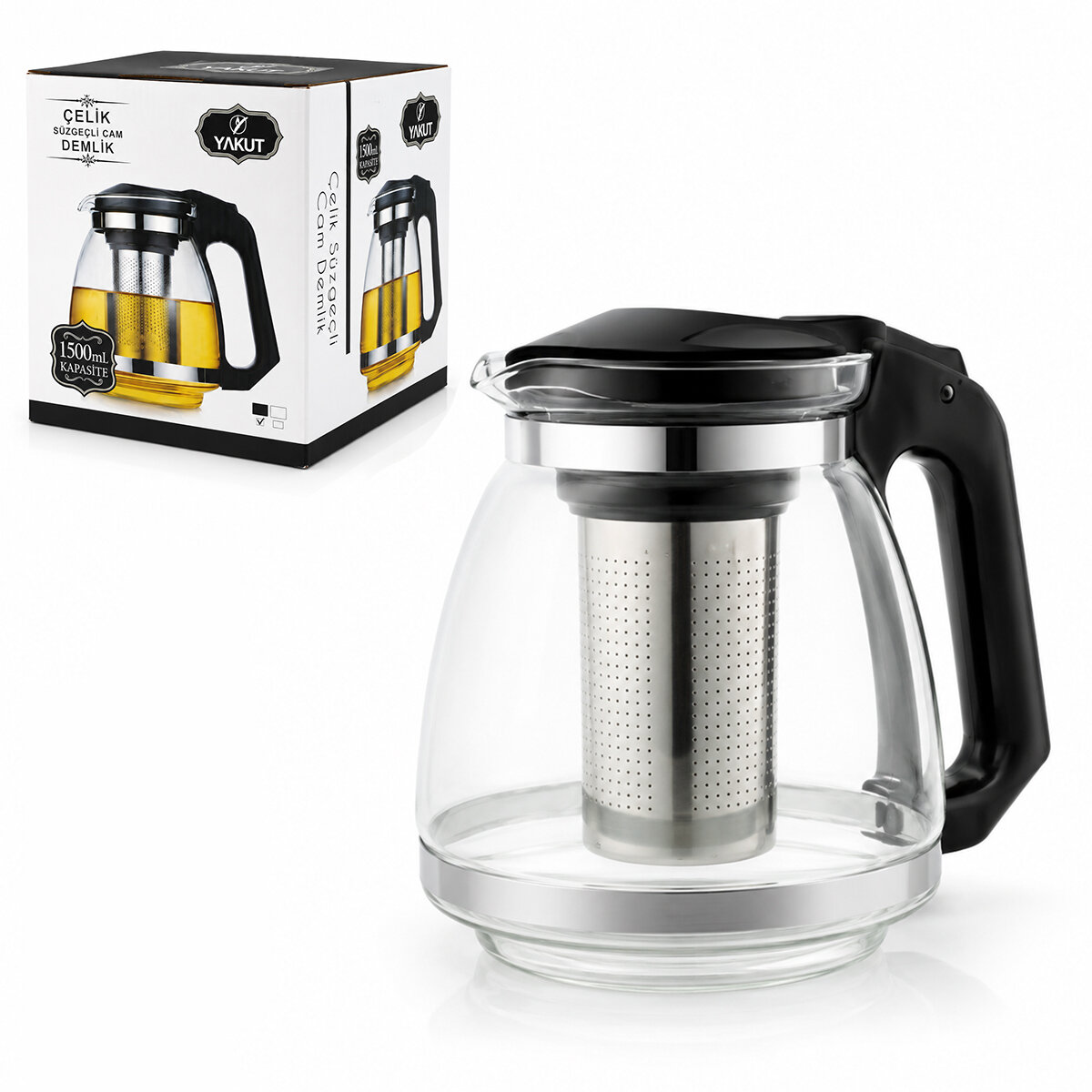 YAKUT-7488 ( 1500ML ) ( CAM ) DEMLİK ( ÇELİK SÜZGEÇ & PLASTİK KAPAK-KULP )*36