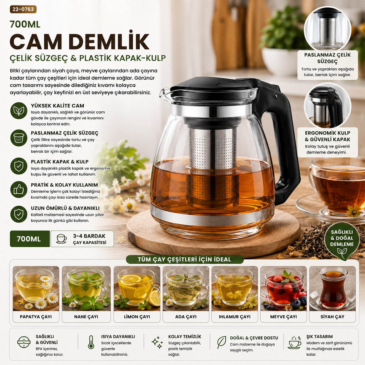 YAKUT-8510 ( 700ML ) ( CAM ) DEMLİK ( ÇELİK SÜZGEÇ & PLASTİK KULP-KAPAK)*48 YAKUT-8510 ( 700ML ) ( CAM ) DEMLİK ( ÇELİK SÜZGEÇ & PLASTİK KULP-KAPAK)*48