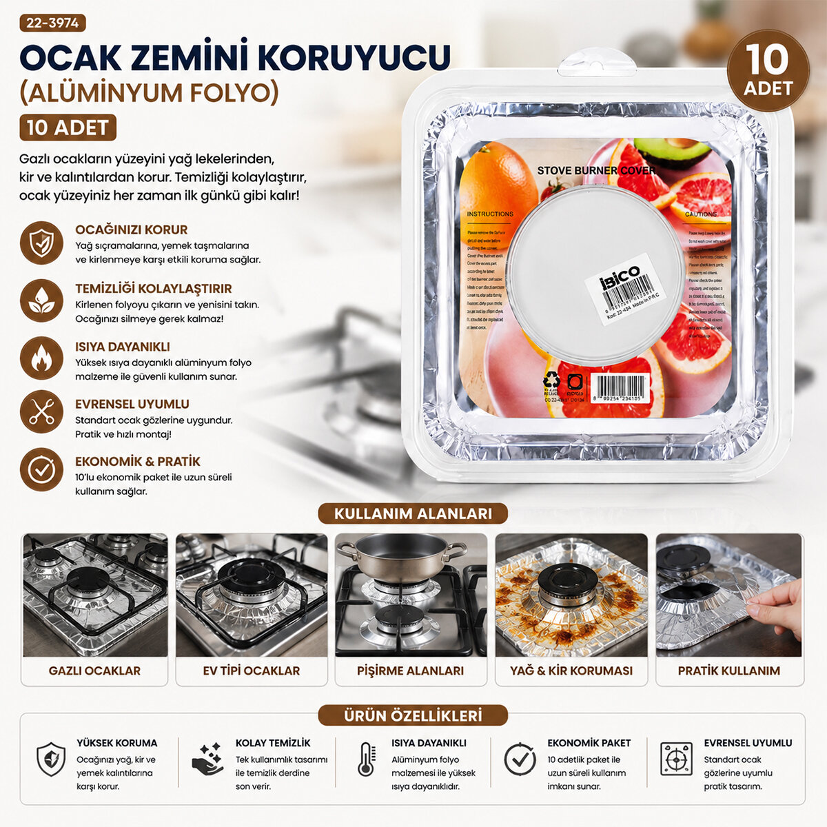 İBİCO İ22-454 ( 10PCS ) ( 20.5CM ) OCAK ZEMİNİ KORUYUCU ( ALÜMİNYUM FOLYO )*160