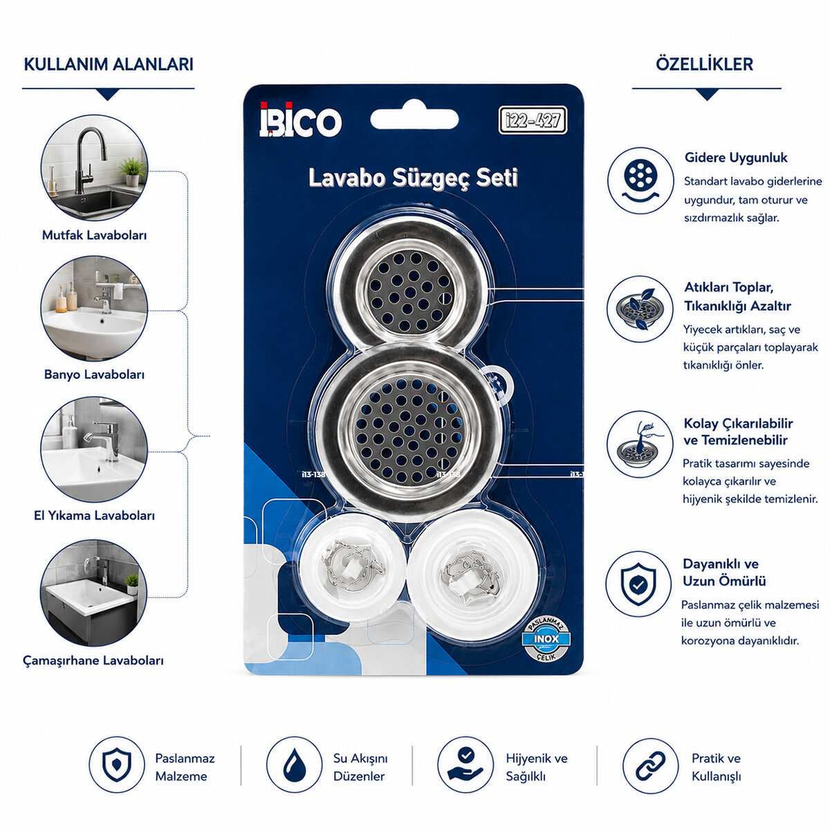 İBİCO İ22-427 ( 4PCS ) LAVABO SÜZGEÇ & TIPA SETİ ( 2 BOY SÜZGEÇ & 2 BOY PLASTİK TIPA )*12X25 İBİCO İ22-427 ( 4PCS ) LAVABO SÜZGEÇ & TIPA SETİ ( 2 BOY SÜZGEÇ & 2 BOY PLASTİK TIPA )*12X25