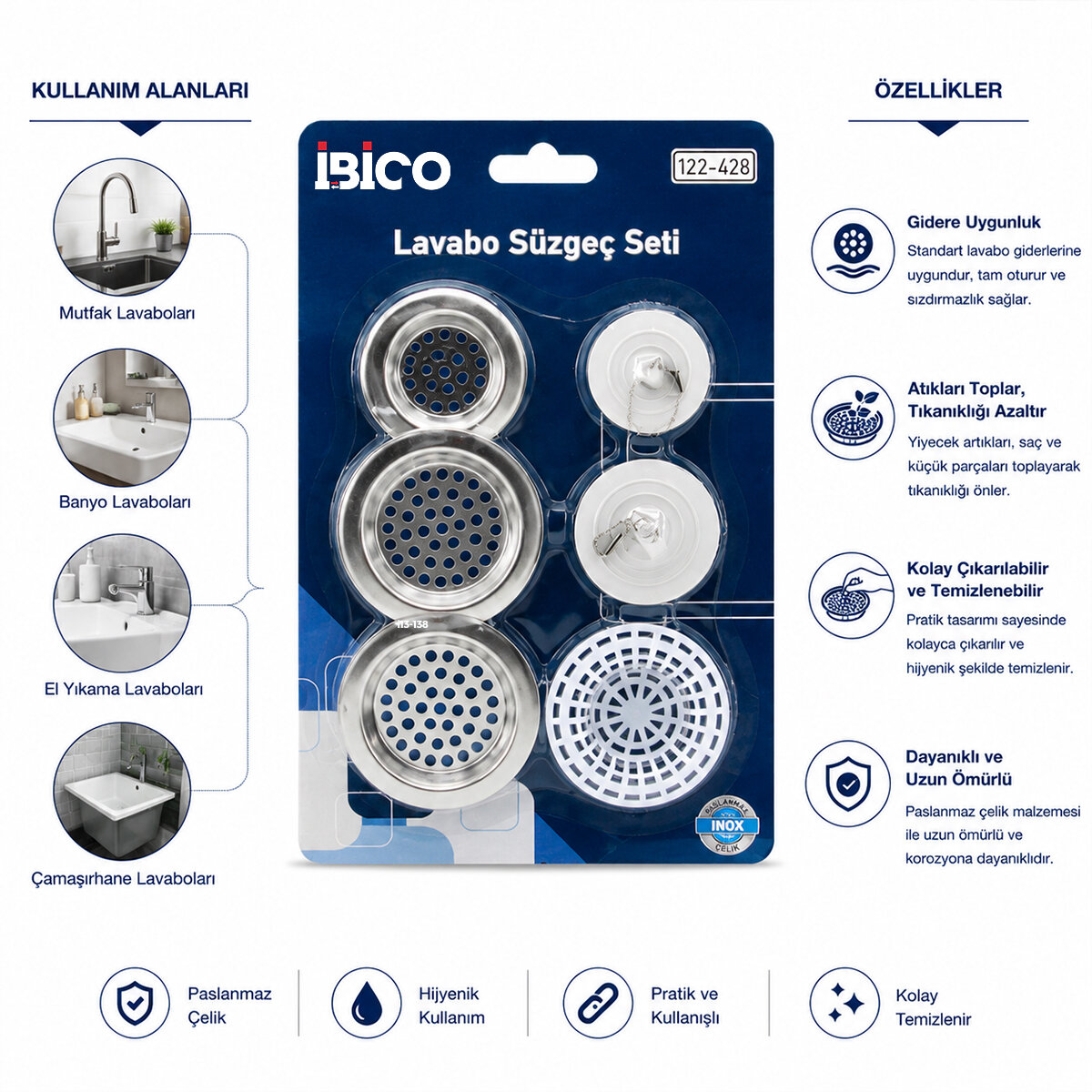 İBİCO İ22-428 ( 6PCS ) LAVABO SÜZGEÇ & TIPA SETİ ( 3AD-METAL + 1AD-PLASTİK SÜZGEÇ & 2AD-PLASTİK TIPA )*12X20 İBİCO İ22-428 ( 6PCS ) LAVABO SÜZGEÇ & TIPA SETİ ( 3AD-METAL + 1AD-PLASTİK SÜZGEÇ & 2AD-PLASTİK TIPA )*12X20