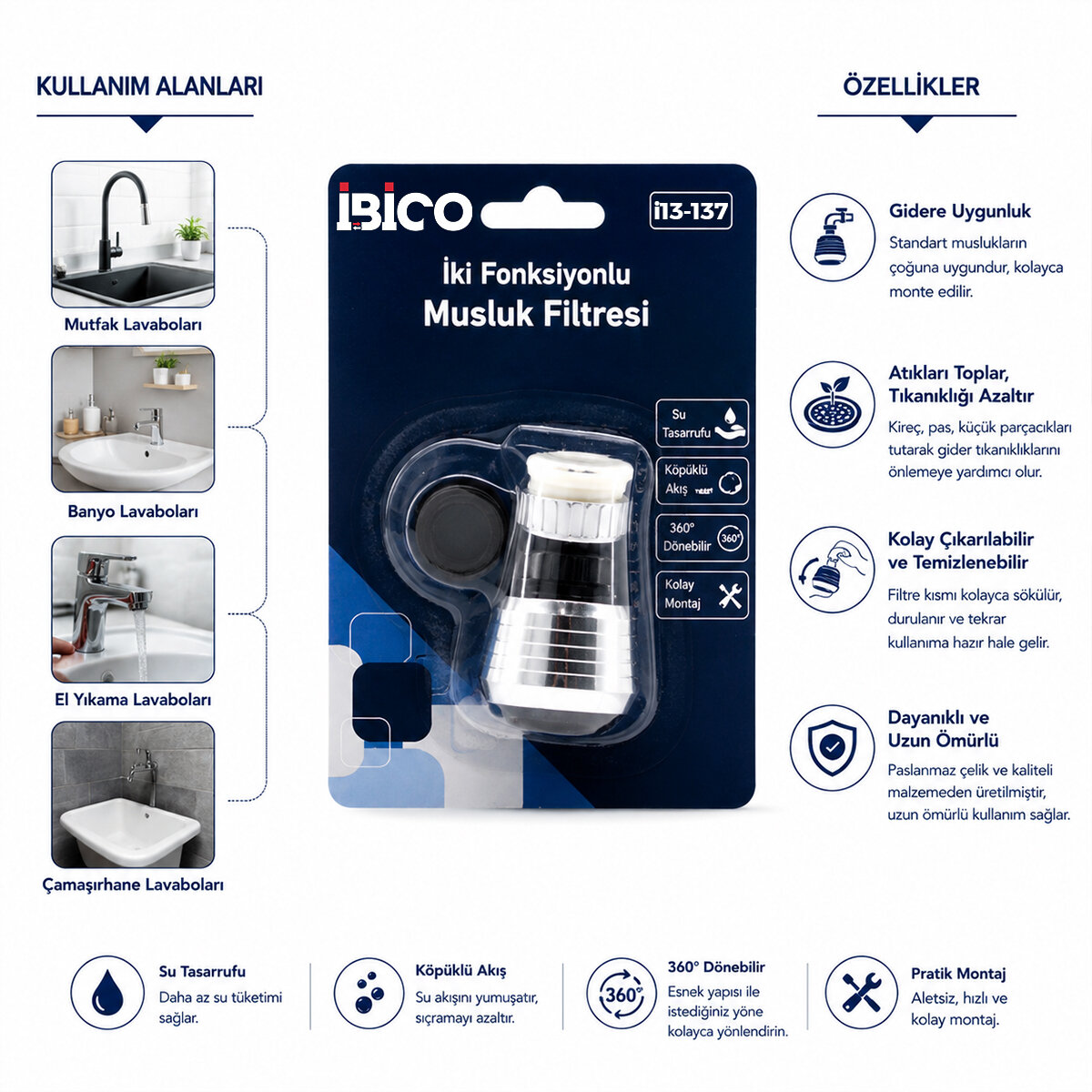 İBİCO İ13-137 MUSLUK UCU FİLTRESİ ( 2 FONKSİYONLU ) ( 360° DERECE DÖNEBİLEN BAŞLIK ) ( 16-19MM CAŞLIK ÇAPI )*12X25 İBİCO İ13-137 MUSLUK UCU FİLTRESİ ( 2 FONKSİYONLU ) ( 360° DERECE DÖNEBİLEN BAŞLIK ) ( 16-19MM CAŞLIK ÇAPI )*12X25