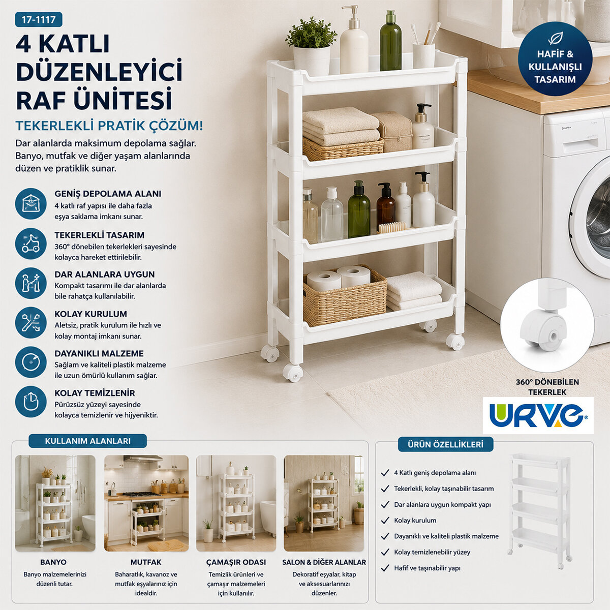 URVE UR-3587 RAFTY ( 4 KATLI ) ( TEKERLEKLİ ) SEPET ORGANİZER DÜZENLEYİCİ ( RAF ÜNİTESİ ) ( 465X145X670MM )*10 URVE UR-3587 RAFTY ( 4 KATLI ) ( TEKERLEKLİ ) SEPET ORGANİZER DÜZENLEYİCİ ( RAF ÜNİTESİ ) ( 465X145X670MM )*10
