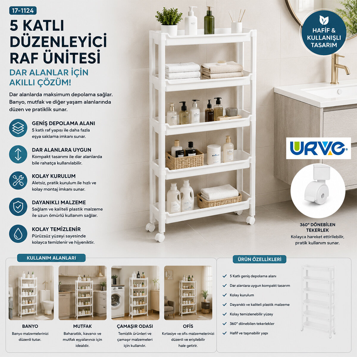 URVE UR-3588 RAFTY ( 5 KATLI ) ( TEKERLEKLİ ) SEPET ORGANİZER DÜZENLEYİCİ ( RAF ÜNİTESİ ) ( 465X145X850MM )*8 URVE UR-3588 RAFTY ( 5 KATLI ) ( TEKERLEKLİ ) SEPET ORGANİZER DÜZENLEYİCİ ( RAF ÜNİTESİ ) ( 465X145X850MM )*8