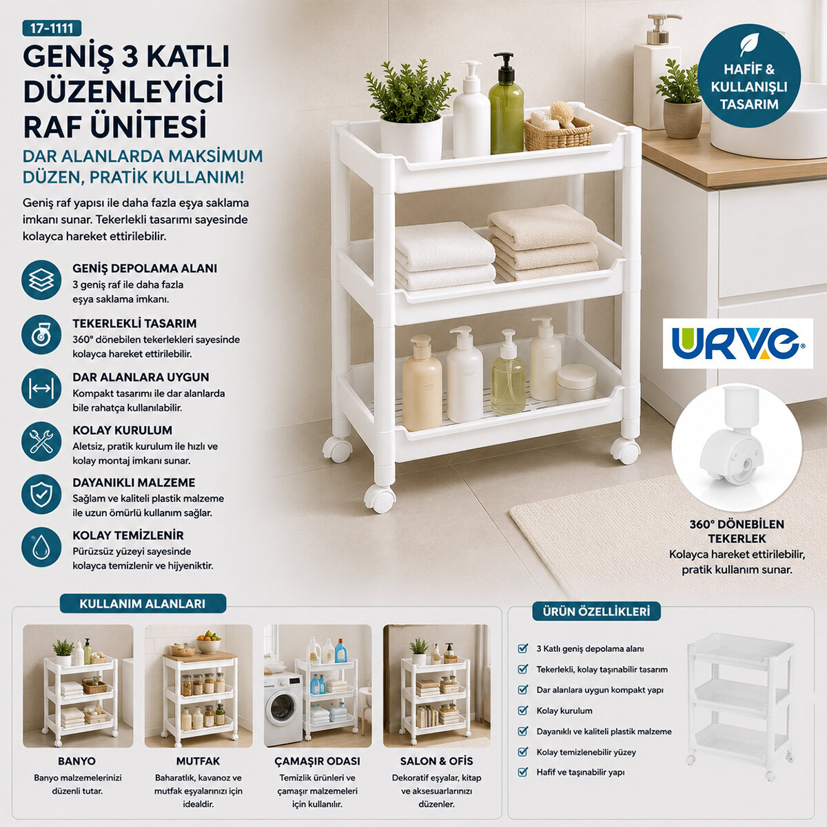 URVE UR-3598 RAFTY GENİŞ ( 3 KATLI ) ( TEKERLEKLİ ) SEPET ORGANİZER DÜZENLEYİCİ ( RAF ÜNİTESİ ) ( 352X220X480MM )*12 URVE UR-3598 RAFTY GENİŞ ( 3 KATLI ) ( TEKERLEKLİ ) SEPET ORGANİZER DÜZENLEYİCİ ( RAF ÜNİTESİ ) ( 352X220X480MM )*12