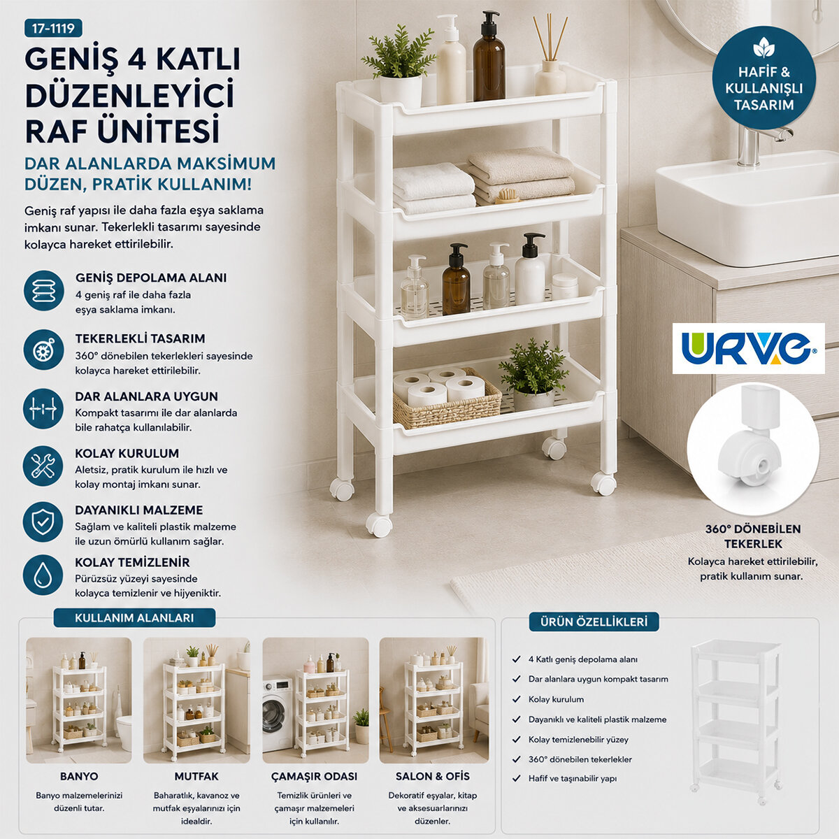 URVE UR-3599 RAFTY GENİŞ ( 4 KATLI ) ( TEKERLEKLİ ) SEPET ORGANİZER DÜZENLEYİCİ ( RAF ÜNİTESİ ) ( 355X220X670MM )*10 URVE UR-3599 RAFTY GENİŞ ( 4 KATLI ) ( TEKERLEKLİ ) SEPET ORGANİZER DÜZENLEYİCİ ( RAF ÜNİTESİ ) ( 355X220X670MM )*10