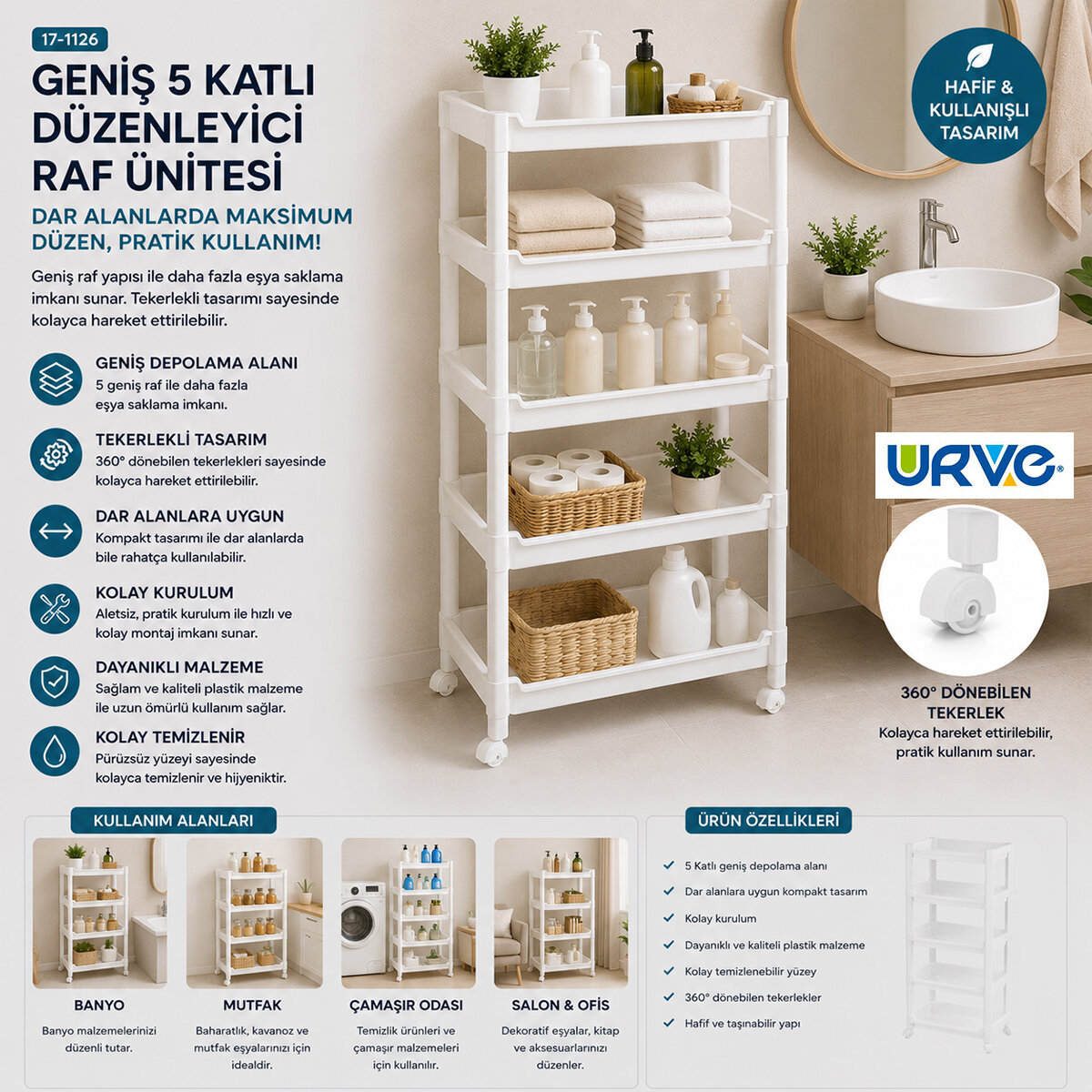 URVE UR-3600 RAFTY GENİŞ ( 5 KATLI ) ( TEKERLEKLİ ) SEPET ORGANİZER DÜZENLEYİCİ ( RAF ÜNİTESİ ) ( 355X220X850MM )*8 URVE UR-3600 RAFTY GENİŞ ( 5 KATLI ) ( TEKERLEKLİ ) SEPET ORGANİZER DÜZENLEYİCİ ( RAF ÜNİTESİ ) ( 355X220X850MM )*8