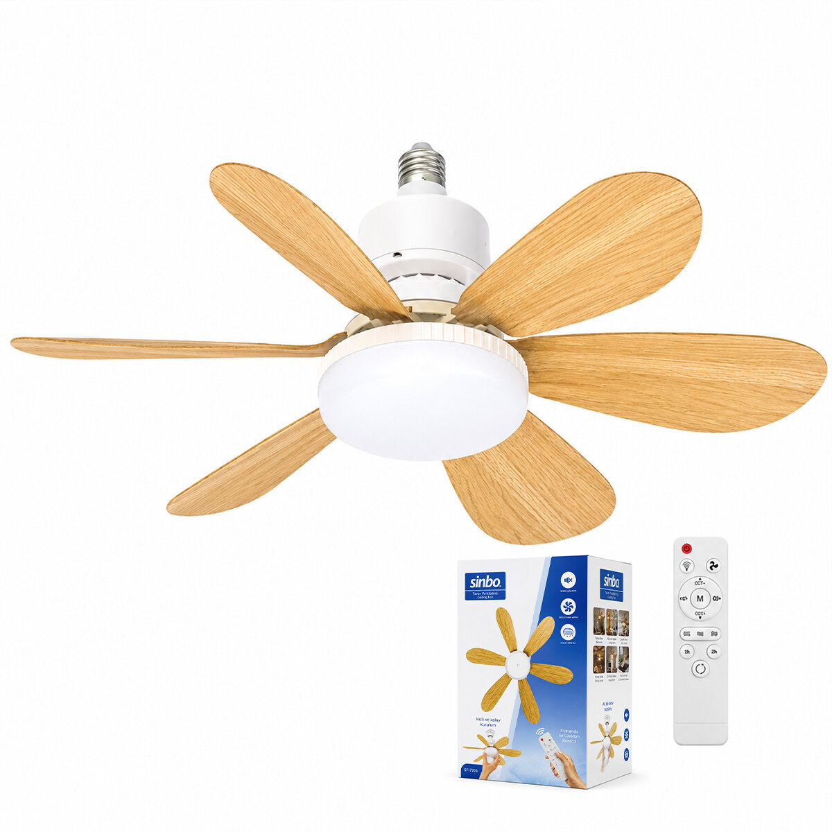 SİNBO SF-7708 ( 2İN1=TAVAN VANTİLATÖR & AVİZE LAMBA ) ( KUMANDALI ) ( 52CM ) ( 6-AHŞAP GÖRÜNÜM PLASTİK KANAT ) ( 3-KADEME HIZ )*6=K
