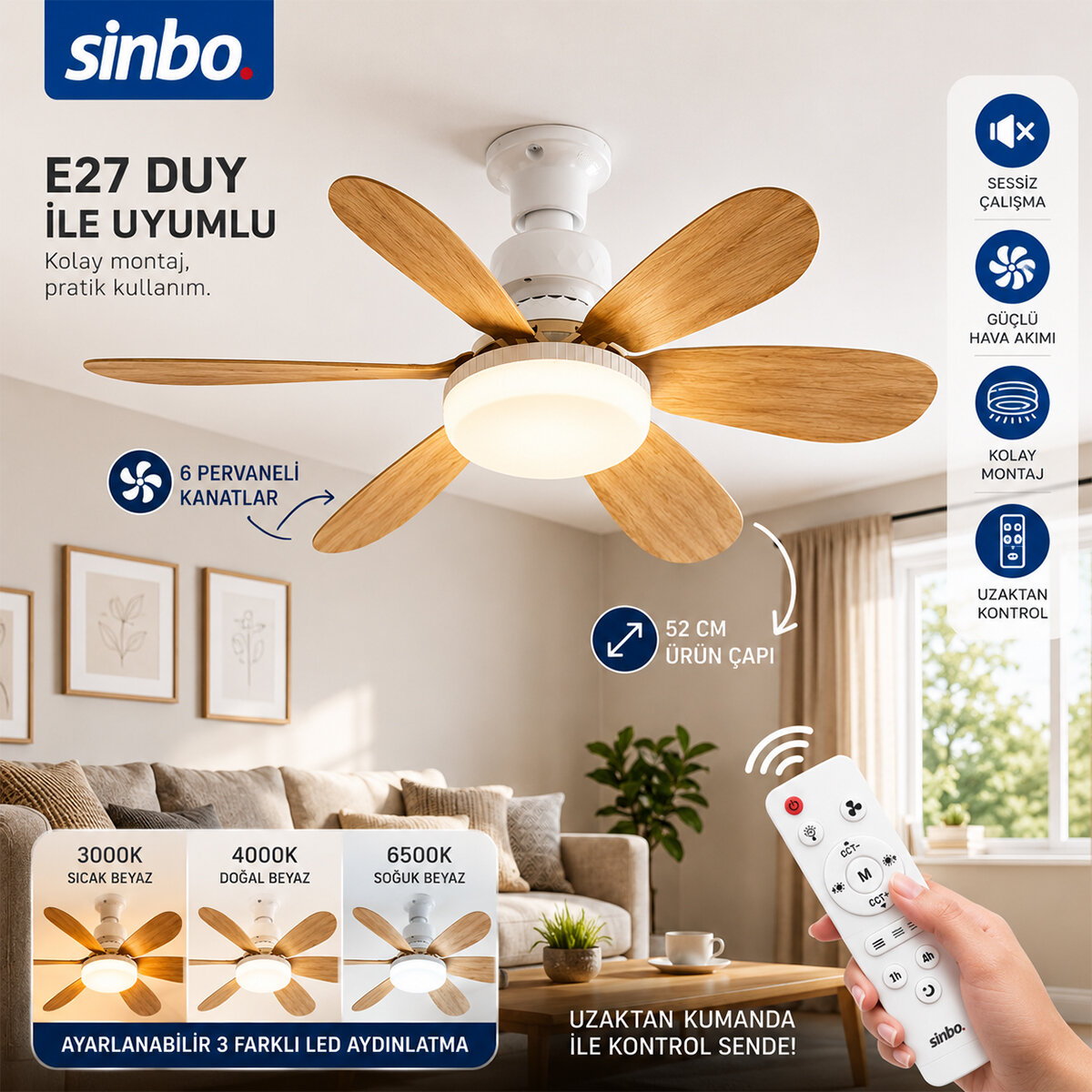SİNBO SF-7708 ( 2İN1=TAVAN VANTİLATÖR & AVİZE LAMBA ) ( KUMANDALI ) ( 52CM ) ( 6-AHŞAP GÖRÜNÜM PLASTİK KANAT ) ( 3-KADEME HIZ )*6=K SİNBO SF-7708 ( 2İN1=TAVAN VANTİLATÖR & AVİZE LAMBA ) ( KUMANDALI ) ( 52CM ) ( 6-AHŞAP GÖRÜNÜM PLASTİK KANAT ) ( 3-KADEME HIZ )*6=K
