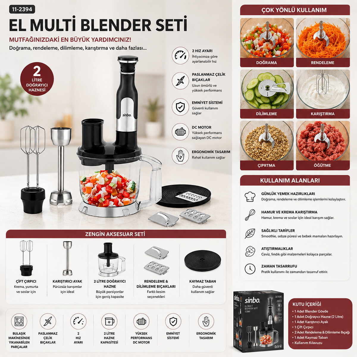 SİNBO SHB-7534 ( 2HIZ AYAR & PASLANMAZ ÇELİK BIÇAK ) EL MULTİ BLENDER SETİ ( 2 LT HAZNELİ )*4 SİNBO SHB-7534 ( 2HIZ AYAR & PASLANMAZ ÇELİK BIÇAK ) EL MULTİ BLENDER SETİ ( 2 LT HAZNELİ )*4