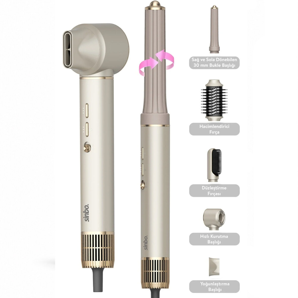 SİNBO SHD-1729 (ROSE GOLD) AİR BRUSH (5İN1=BUKLE-HACİMLE-DÜZLEŞTİR-2-FIRÇA) SAÇ KURUTMA & ŞEKİL MAKİNESİ (1300W)(3-KDM.HIZ & ℃)*4