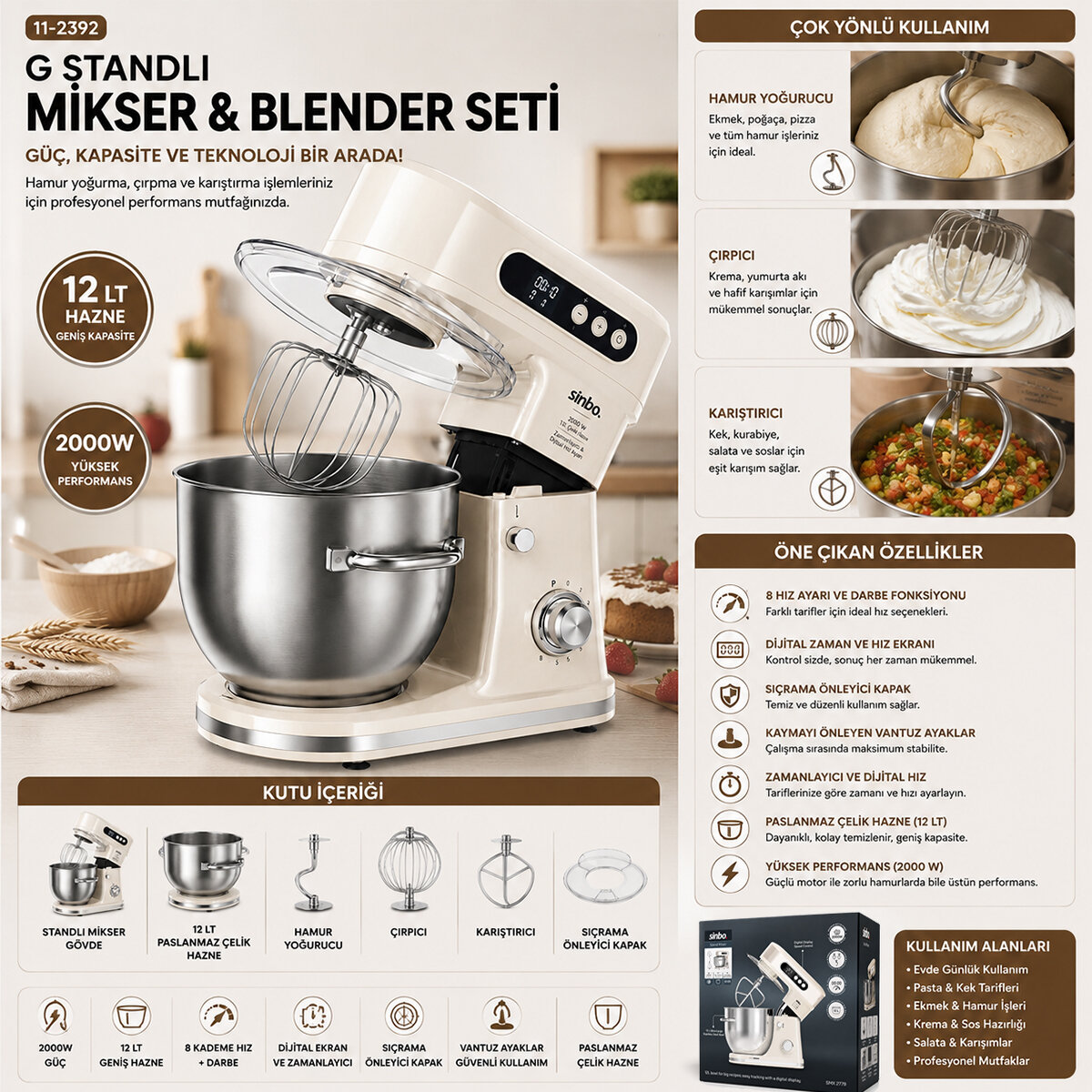 SİNBO SMX-2779 STANDLI MİKSER & BLENDER SETİ ( HAMUR YOĞURUCU & ÇIRPICI & KARIŞTIRICI ) ( 8KADEM. HIZ AYAR )( 12LT HAZNE )( 2000W )*1 SİNBO SMX-2779 STANDLI MİKSER & BLENDER SETİ ( HAMUR YOĞURUCU & ÇIRPICI & KARIŞTIRICI ) ( 8KADEM. HIZ AYAR )( 12LT HAZNE )( 2000W )*1