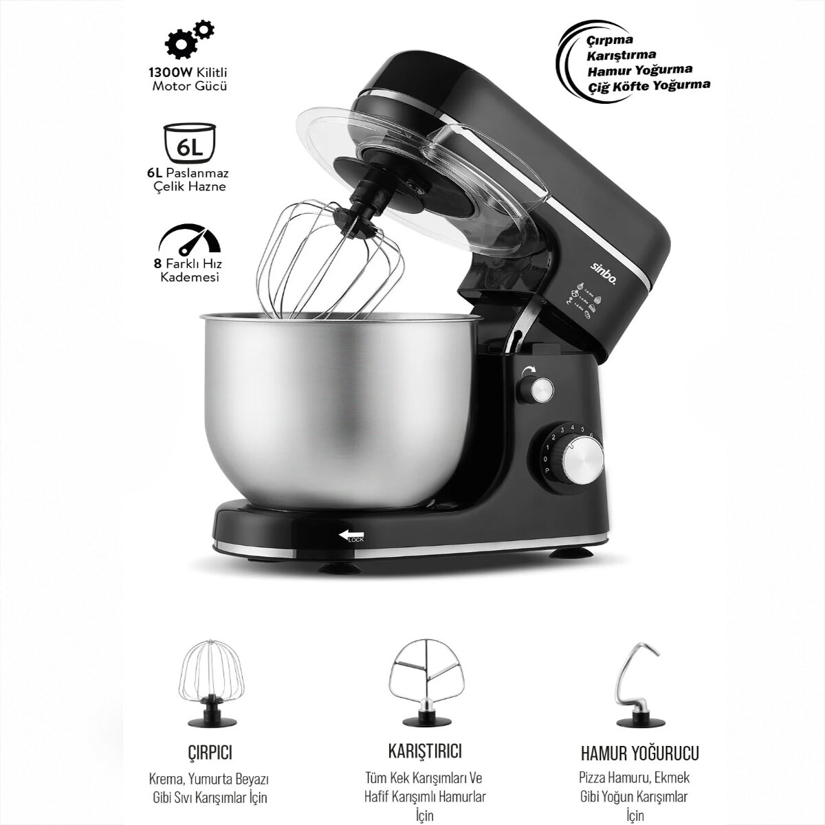 SİNBO SMX-2769 ( SİYAH ) STANDLI MİKSER ( ÇIRPICI & HAMUR YOĞURUCU & KARIŞTIRICI ) ( 8 KADEME HIZ AYAR ) ( 6L ÇELİK HAZNE ) (1300W)*1