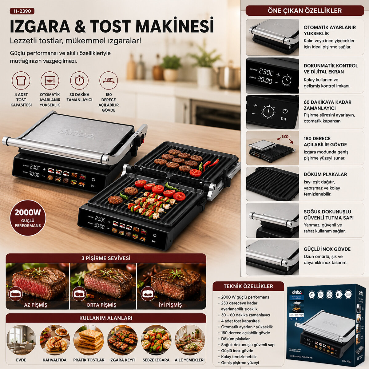 SİNBO SSM-2597 IZGARA VE TOST MAKİNES İ ( 4 DİLİM ) ( YAPIŞMAZ YÜZEY ) ( DOKUNMATİK DİJİTAL EKRAN & 2000W)*2 SİNBO SSM-2597 IZGARA VE TOST MAKİNES İ ( 4 DİLİM ) ( YAPIŞMAZ YÜZEY ) ( DOKUNMATİK DİJİTAL EKRAN & 2000W)*2