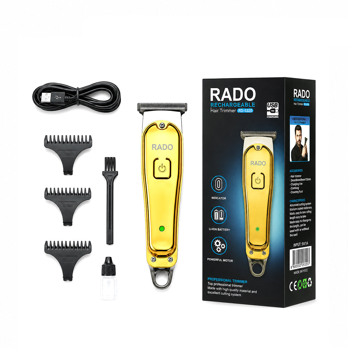 RADO RD-3638 ( SARI METAL KAPLAMA & USB SARJLI & T BIÇAK) ( 3 KESİM TARAK & YAĞ ŞİŞE & TEMİZLEME FIRÇA ) SAÇ SAKAL KESME & TRAŞ MAKİNE*60 RADO RD-3638 ( SARI METAL KAPLAMA & USB SARJLI & T BIÇAK) ( 3 KESİM TARAK & YAĞ ŞİŞE & TEMİZLEME FIRÇA ) SAÇ SAKAL KESME & TRAŞ MAKİNE*60