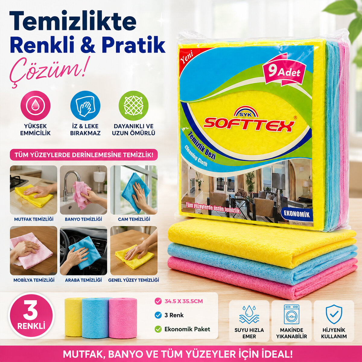 SOFTTEX ( 9PCS ) ( EKONOMİK ) RENKLİ TEMİZLİK BEZİ ( 34.5 X 35.5CM)*90 SOFTTEX ( 9PCS ) ( EKONOMİK ) RENKLİ TEMİZLİK BEZİ ( 34.5 X 35.5CM)*90