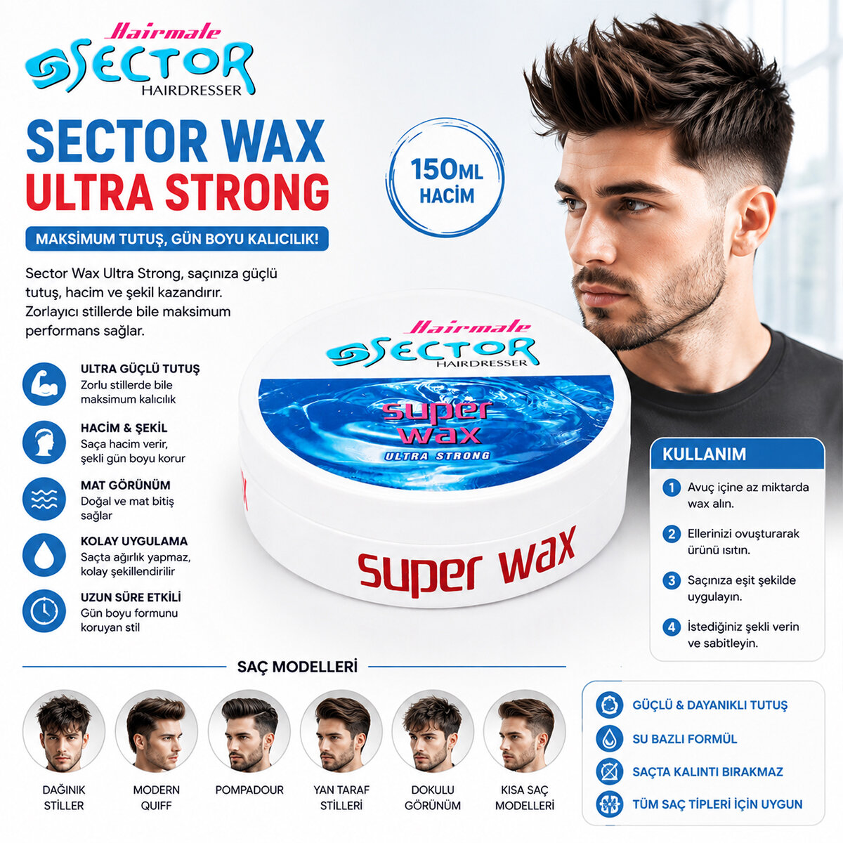 SECTOR ( ULTRA STRONG ) SÜPER WAX SAÇ ŞEKİLLENDİRME KREM 150ML*48=K SECTOR ( ULTRA STRONG ) SÜPER WAX SAÇ ŞEKİLLENDİRME KREM 150ML*48=K