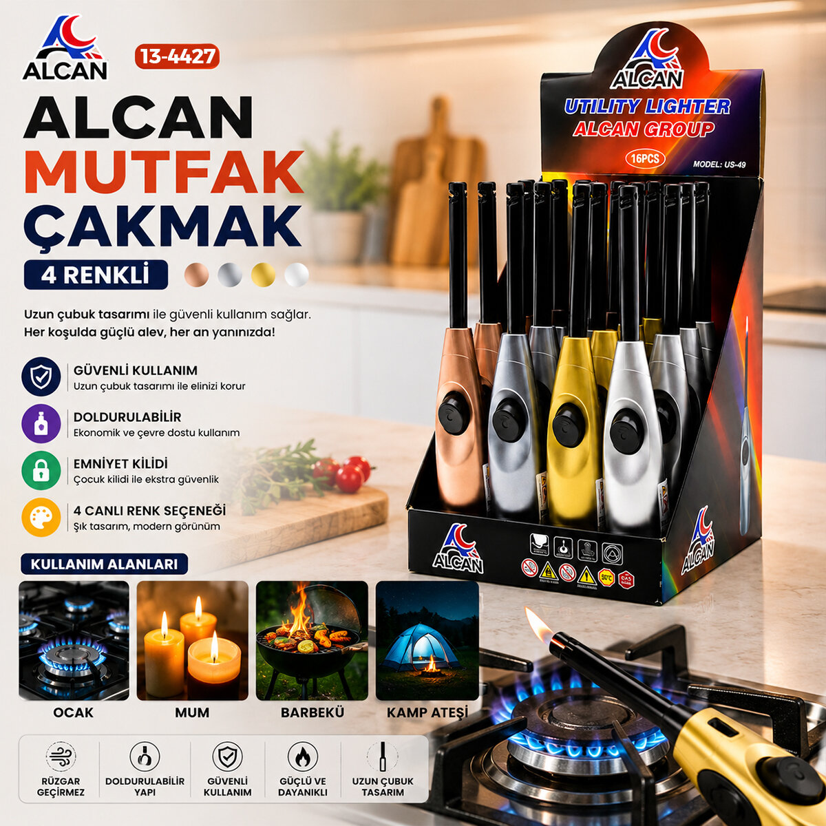 ALCAN US-49 ALCAN OCAK MUTFAK ÇAKMAK RENKLİ*16X12 ALCAN US-49 ALCAN OCAK MUTFAK ÇAKMAK RENKLİ*16X12